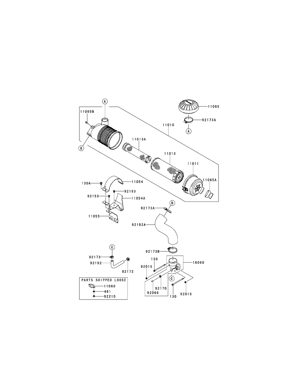 Kawasaki Fx850-S11 Air Filter And Muffler Diagram and Parts List for S6031-KW 53DI8DU6050-31HP Cub Cadet Lawn Tractor